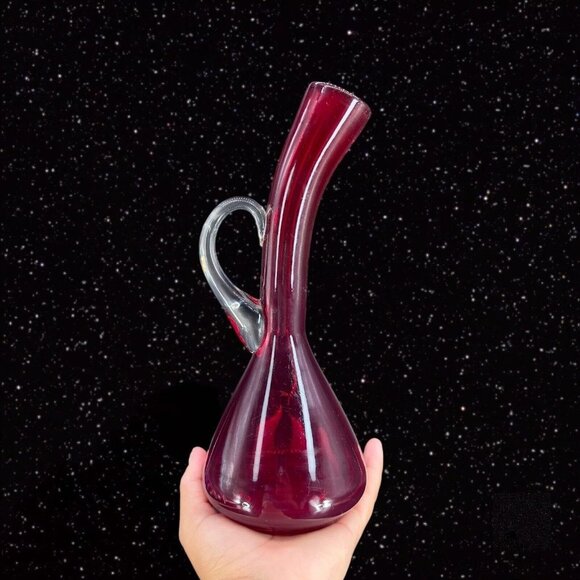 Hand Blown Art Glass Vase Ruby Red Clear Handle Hand Made Vintage Glass Jug - Picture 2 of 15